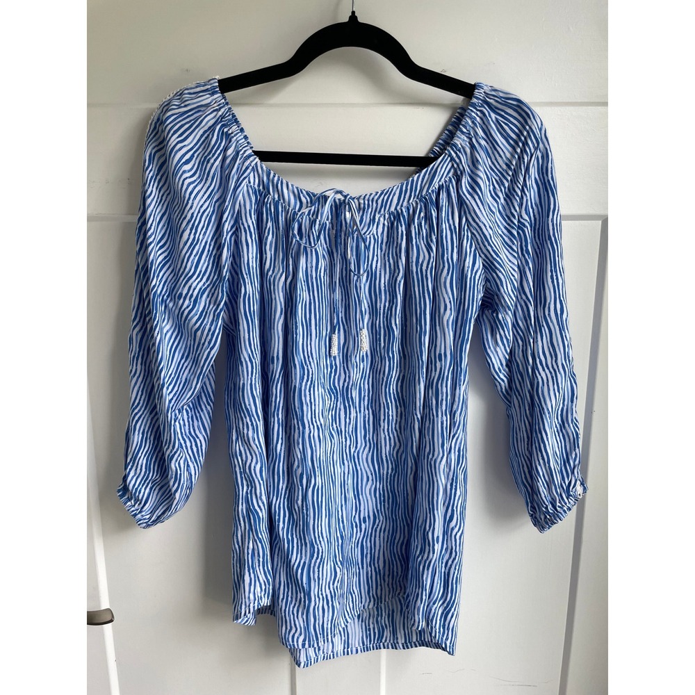 Walker & Wade Peasant Top Blue Wave‎ Rayon Off Shoulder Resort Wear Size XS Bali
